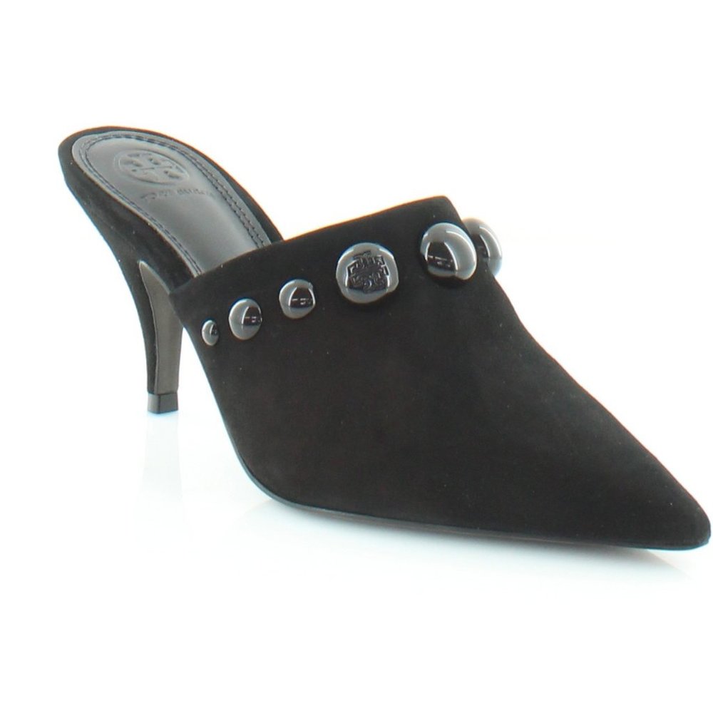 Tory Burch Black Suede Pointed Mule Heels with Stud Accents
